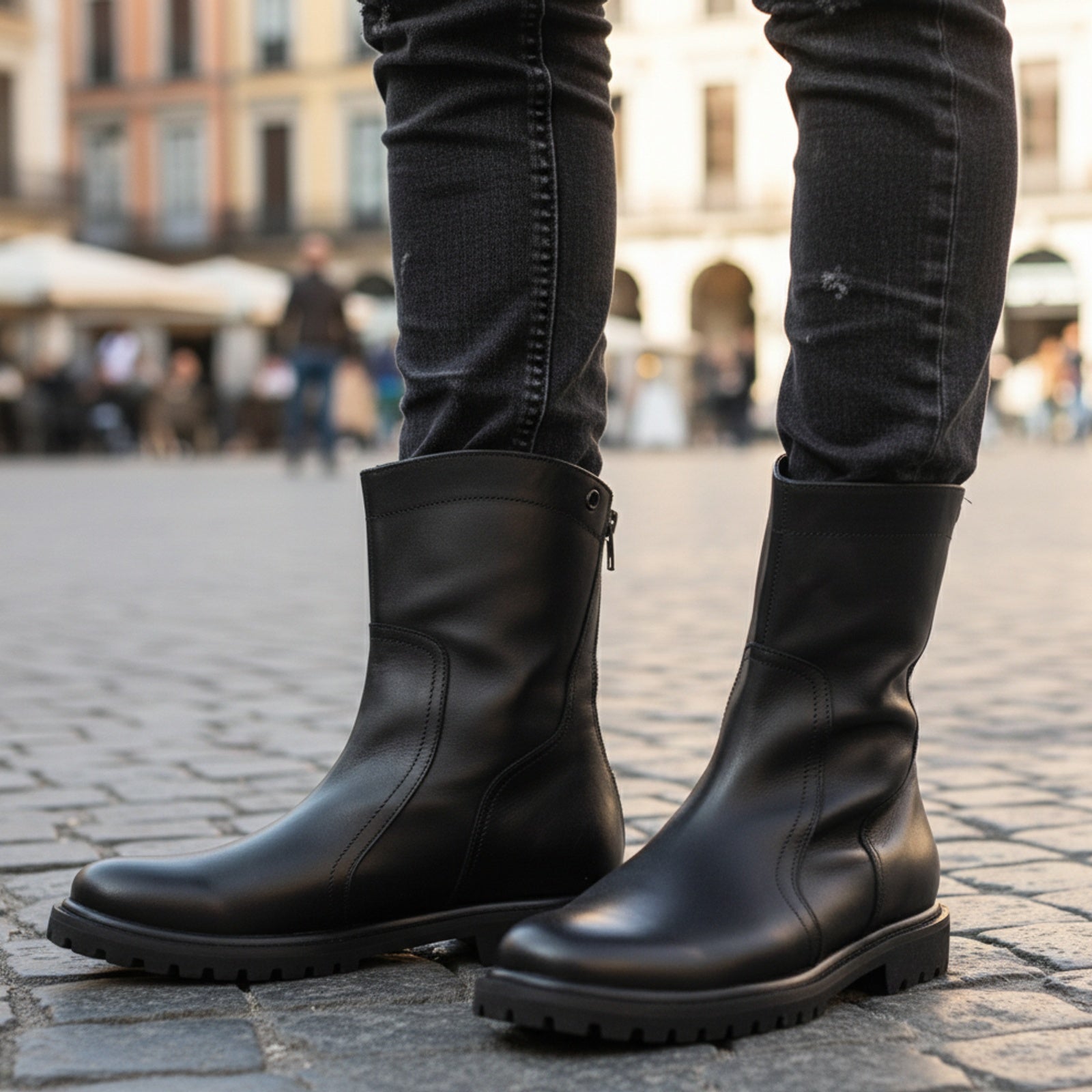 Men's Black Leather Back Zip Boots - model-casual-setting
