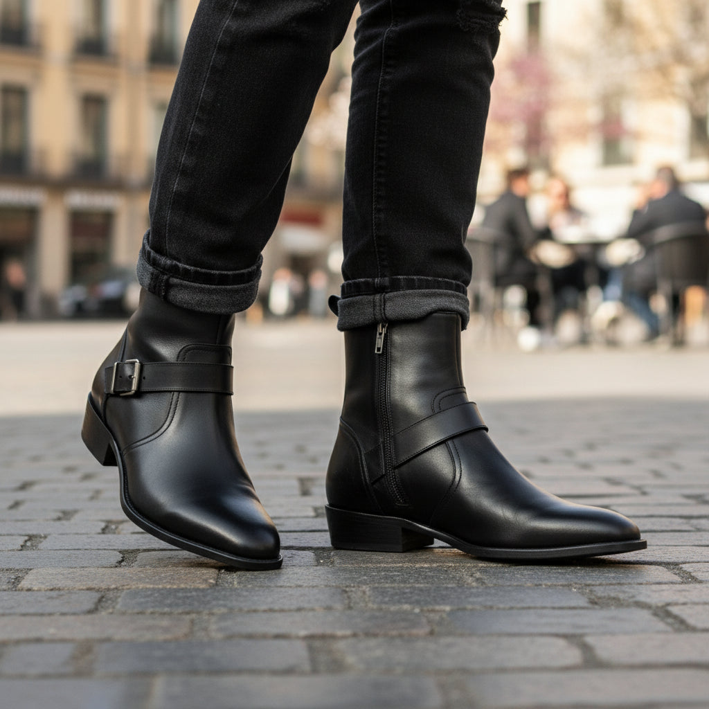 Men's Handmade Black Leather Boots with Side Zipper & Monk Strap - model-casual-setting