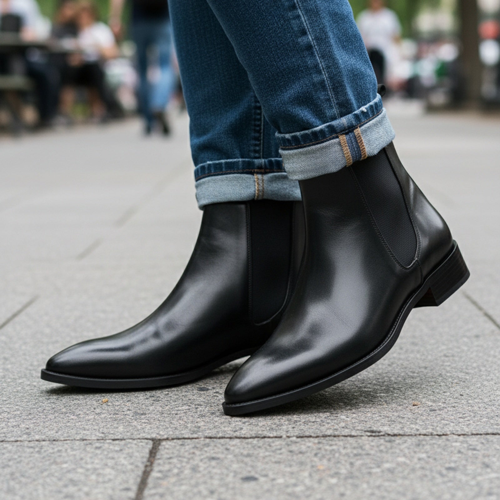 Men's Black Leather Pointed Toe Chelsea Boots - model-casual-setting