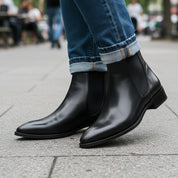 Men's Black Leather Pointed Toe Chelsea Boots - model-casual-setting
