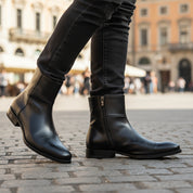 Men's Handmade Black Leather Side Zipper Boots with Ankle Design - model-casual-setting