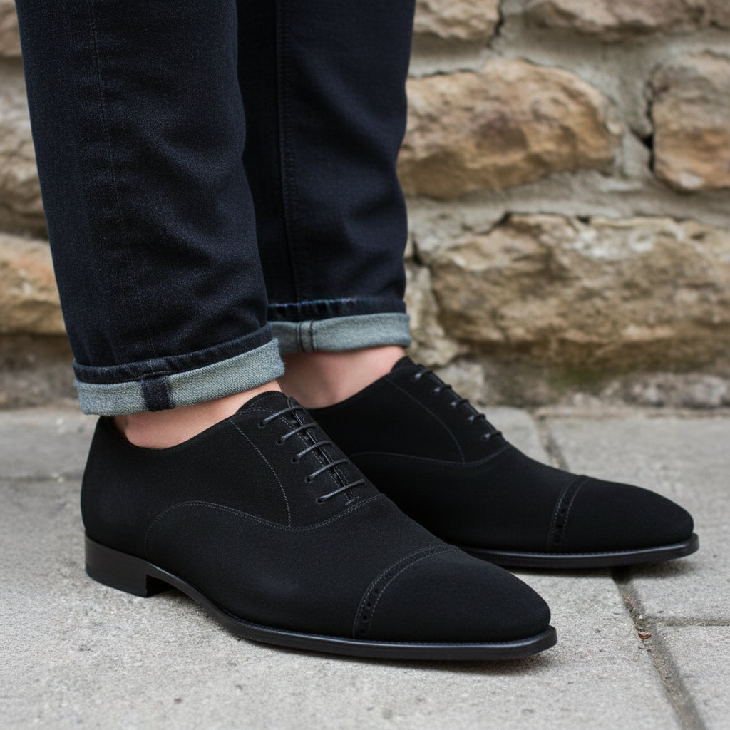 Men's Black Suede Oxford Dress Shoes - model-casual-setting