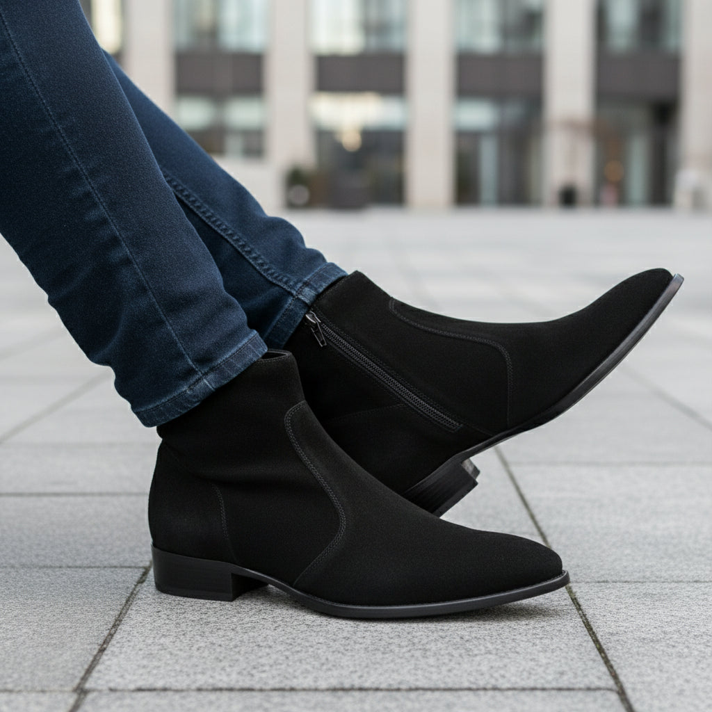 Men's Black Suede Zipper Boots - model-casual-setting