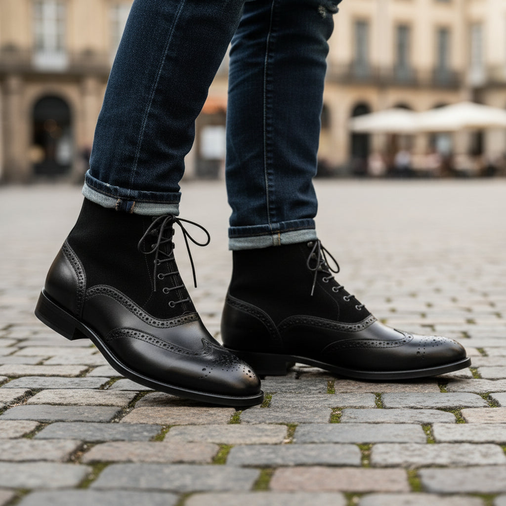 Men's Black Leather Wingtip Brogue Boots - model-casual-setting