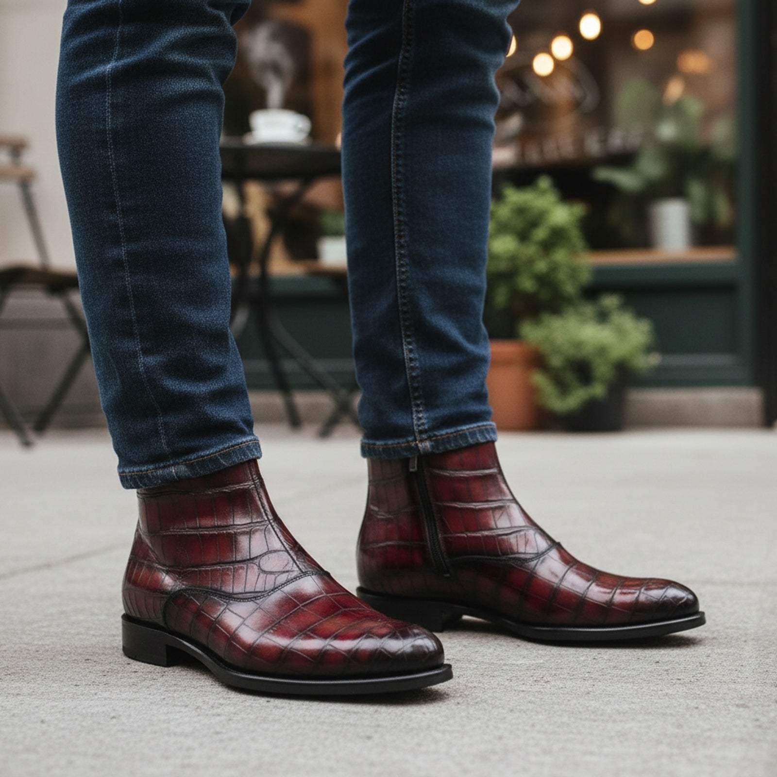 Men's Burgundy Crocodile Leather Zipper Boots - model-casual-setting