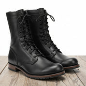 Men's Black Punk Combat Leather Boots - model-casual-setting