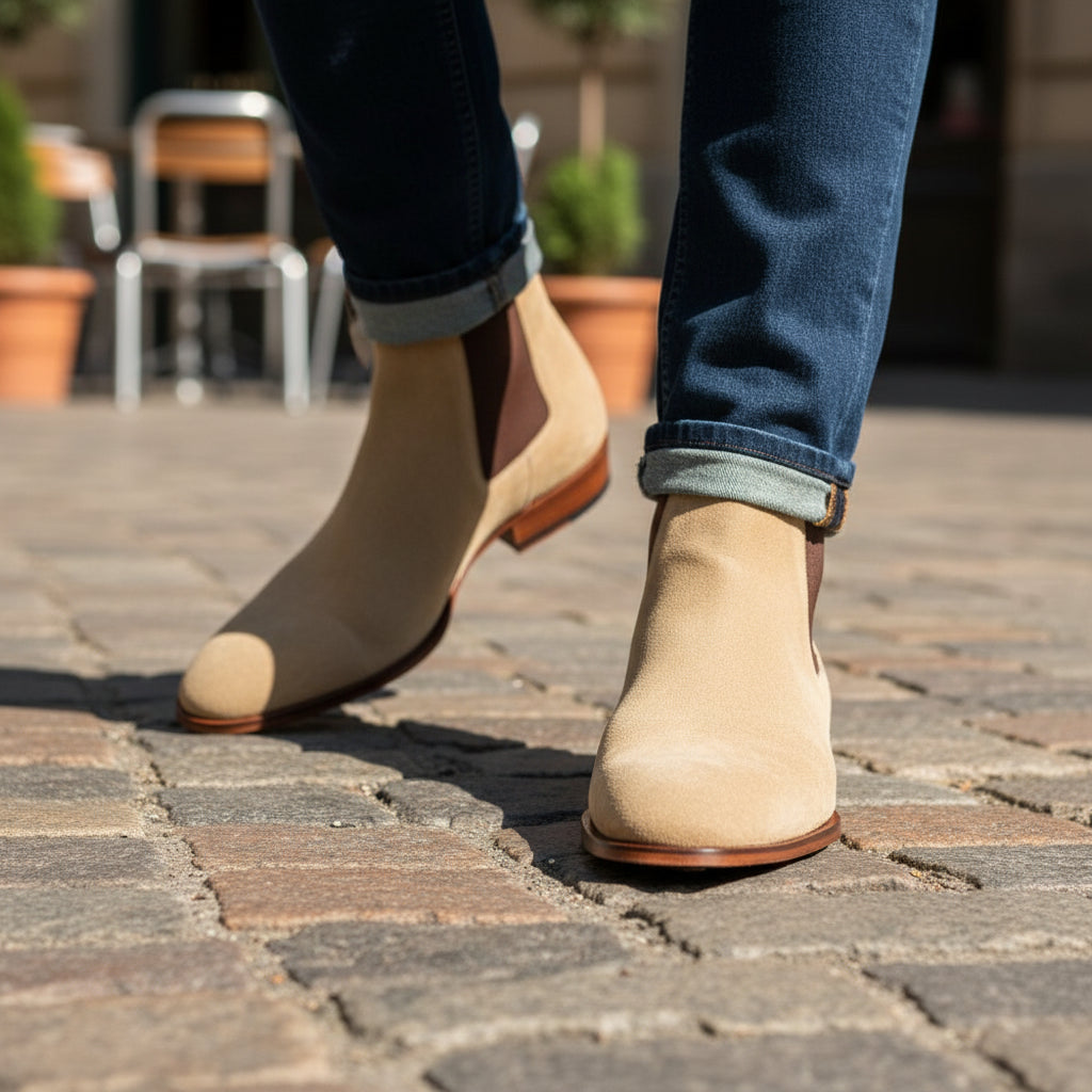 Men's Beige Suede Chelsea Ankle Boots - model-casual-setting