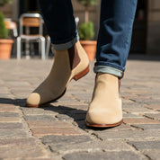 Men's Beige Suede Chelsea Ankle Boots - model-casual-setting