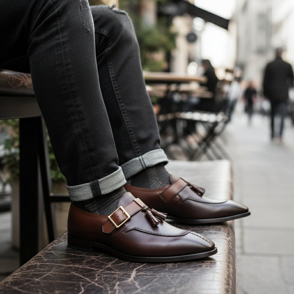 Men's Two-Tone Leather Tassel Dress Shoes - model-casual-setting