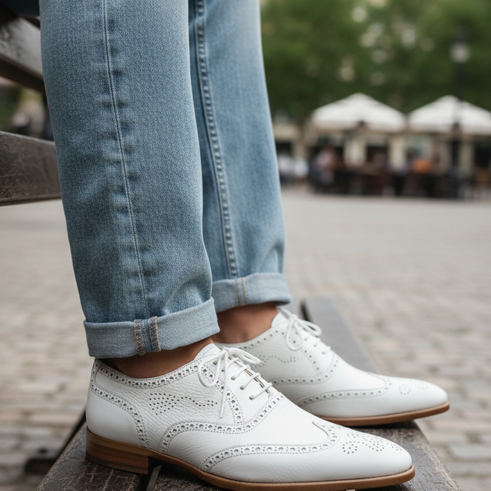 Men's White Leather Wingtip Brogue Dress Shoes - model-casual-setting
