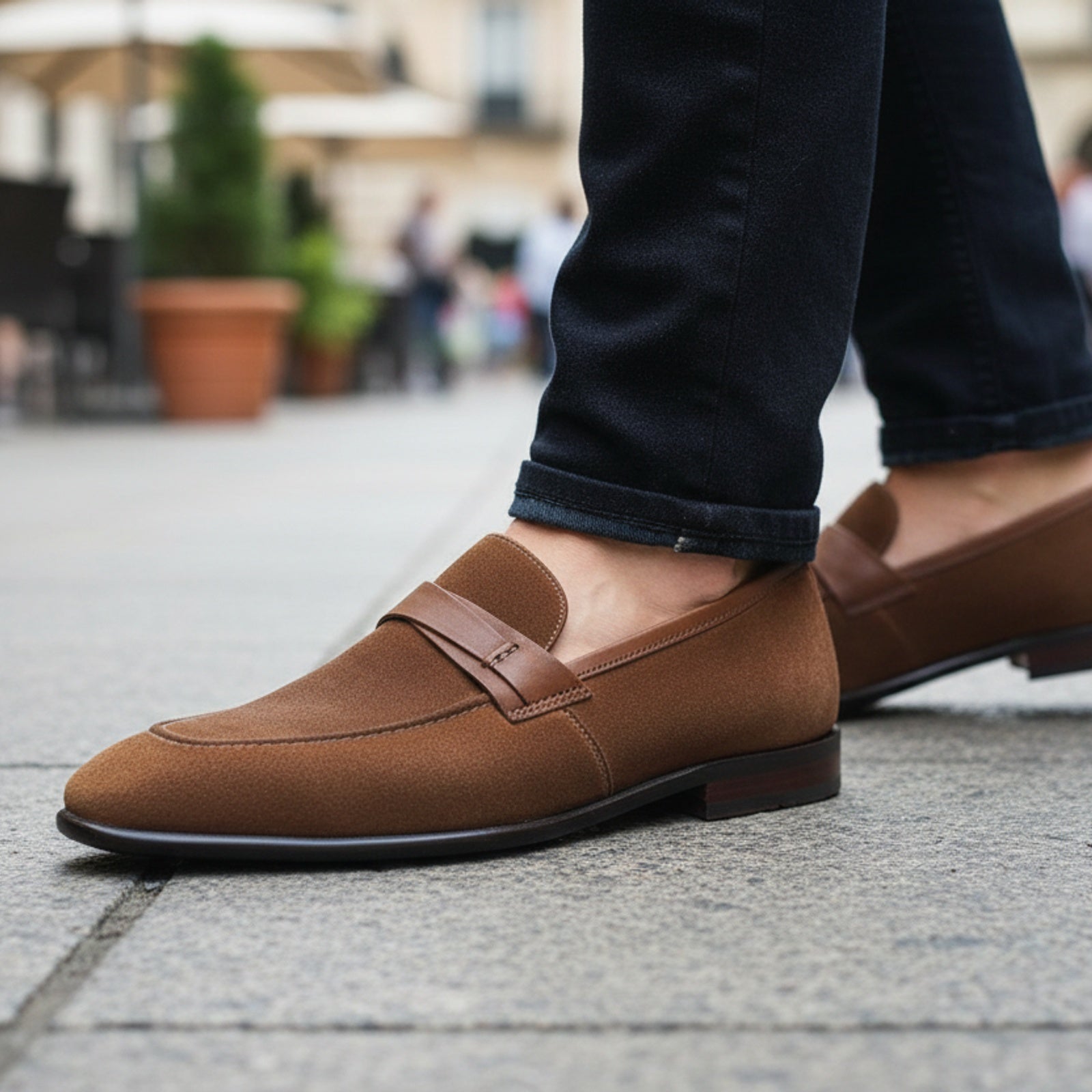 Men's Brown Suede Penny Loafers - model-casual-setting