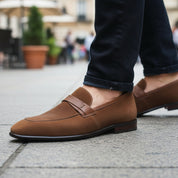Men's Brown Suede Penny Loafers - model-casual-setting