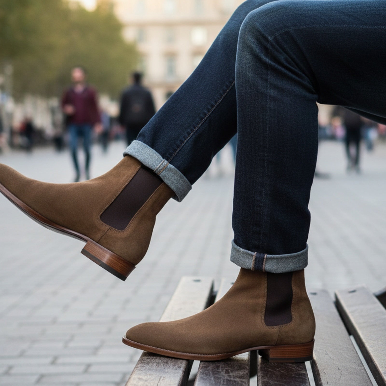 Men's Tan Suede Chelsea Ankle Boots - model-casual-setting