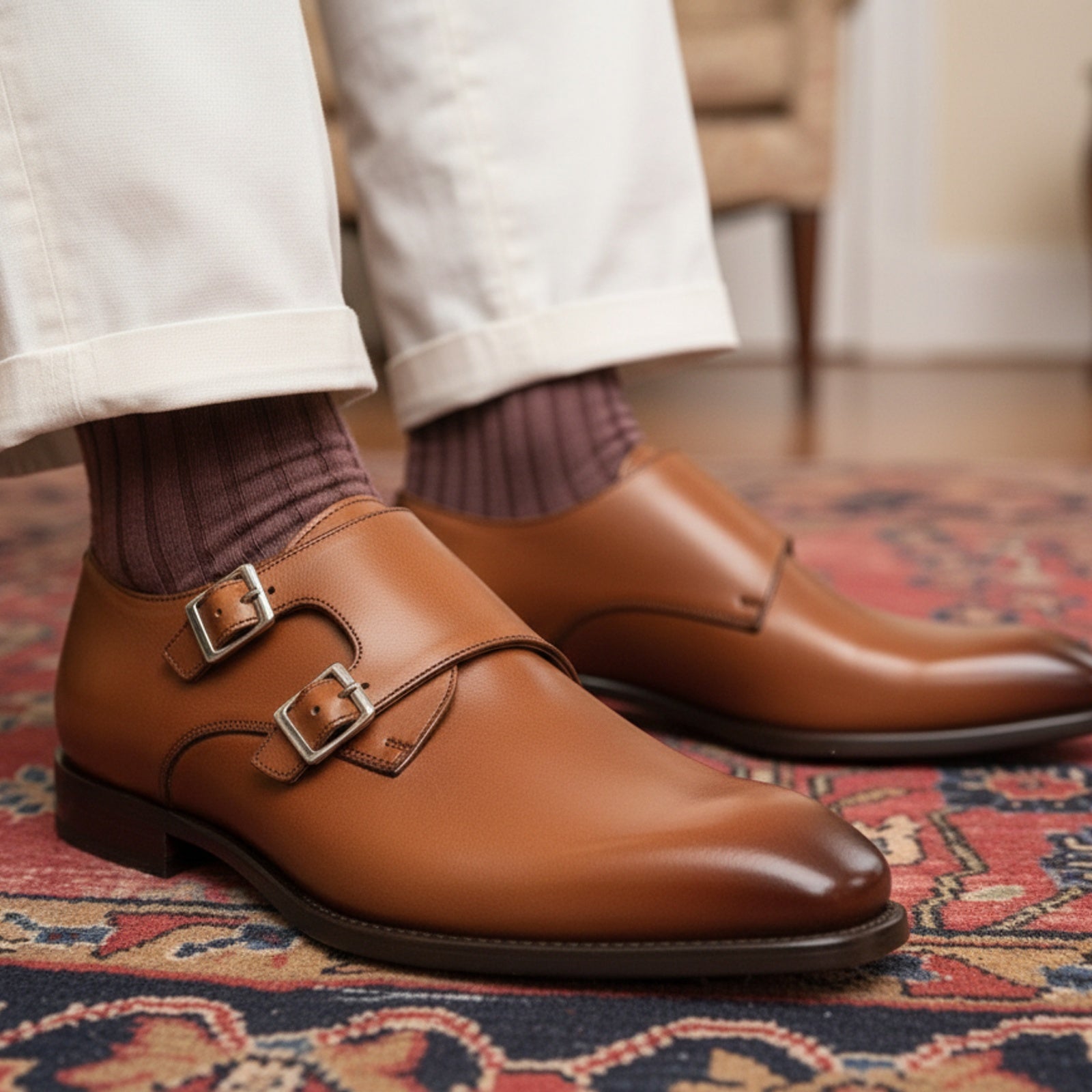 Men's Tan Brown Leather Double Monk Chukka Boots - model-casual-setting
