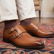 Men's Tan Brown Leather Double Monk Chukka Boots - model-casual-setting