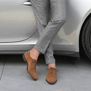 Handmade Mens Beige Color Suede Brogue Dress Shoes, Men Oxford Formal Shoes - model-casual-setting
