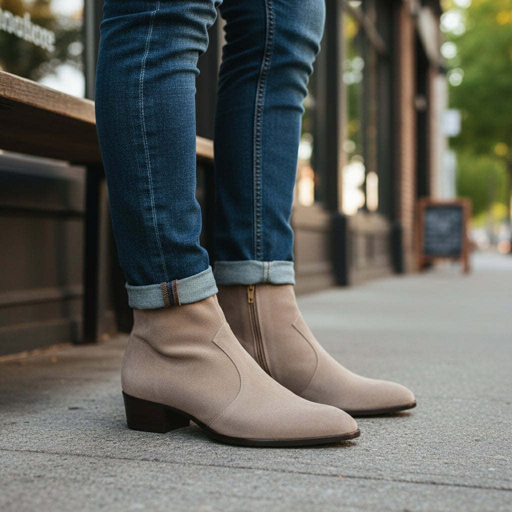 Men's Beige Suede Ankle Boots with Zipper Closure - model-casual-setting