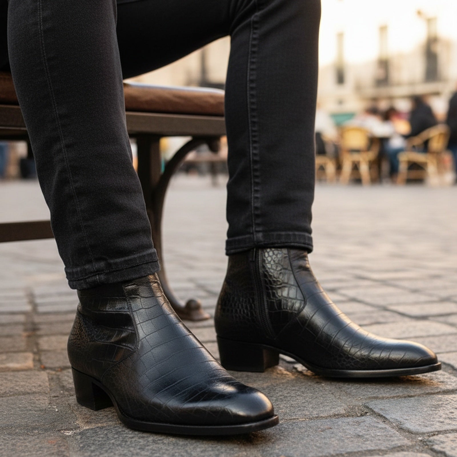Men's Black Crocodile Zipper Leather Boots - model-casual-setting