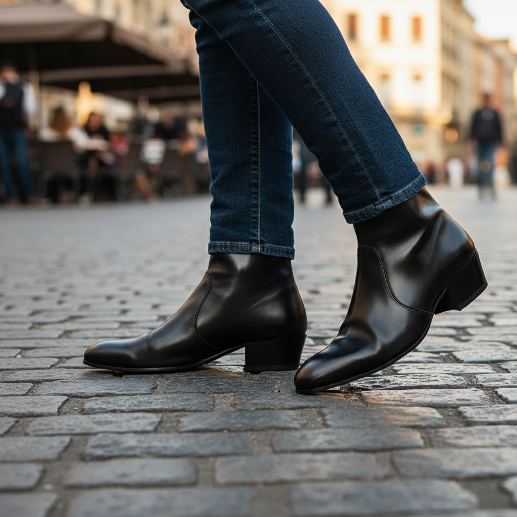 Men's Black Leather High Heel Dress Boots - model-casual-setting