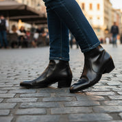 Men's Black Leather High Heel Dress Boots - model-casual-setting