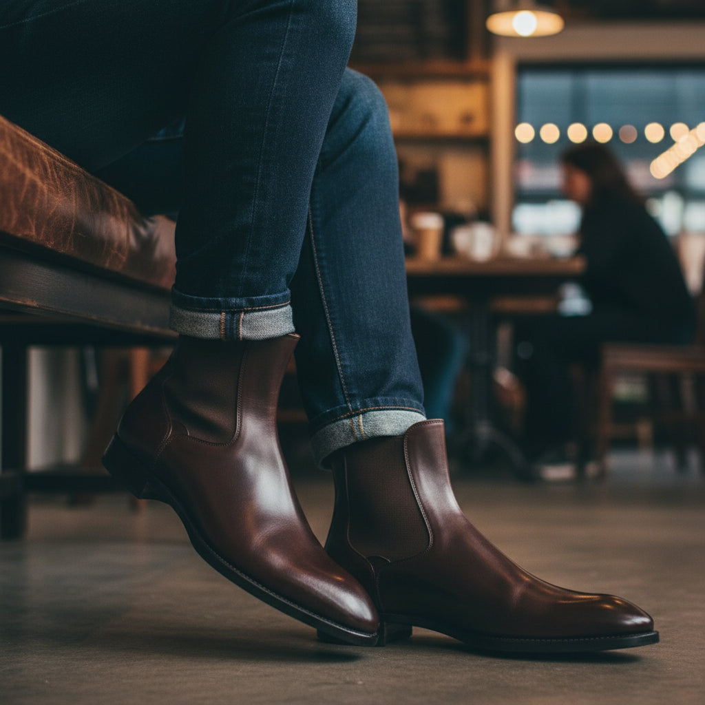 Men's Black Leather Chelsea Boots - model-casual-setting