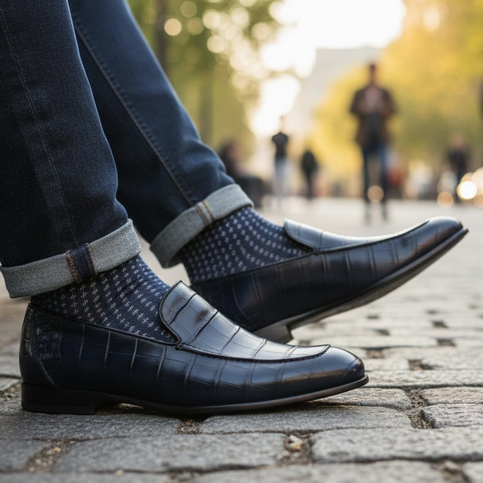 Handmade Mens Blue Alligators Shoes, Men Blue Crocodile Penny Loafer - model-casual-setting