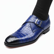 Handmade Mens Blue Crocodile Embossed Monk Shoes, Men Blue Dress Shoes - model-casual-setting