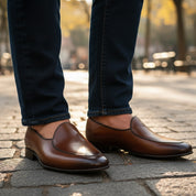 Men's Brown Leather Penny Loafers - model-casual-setting