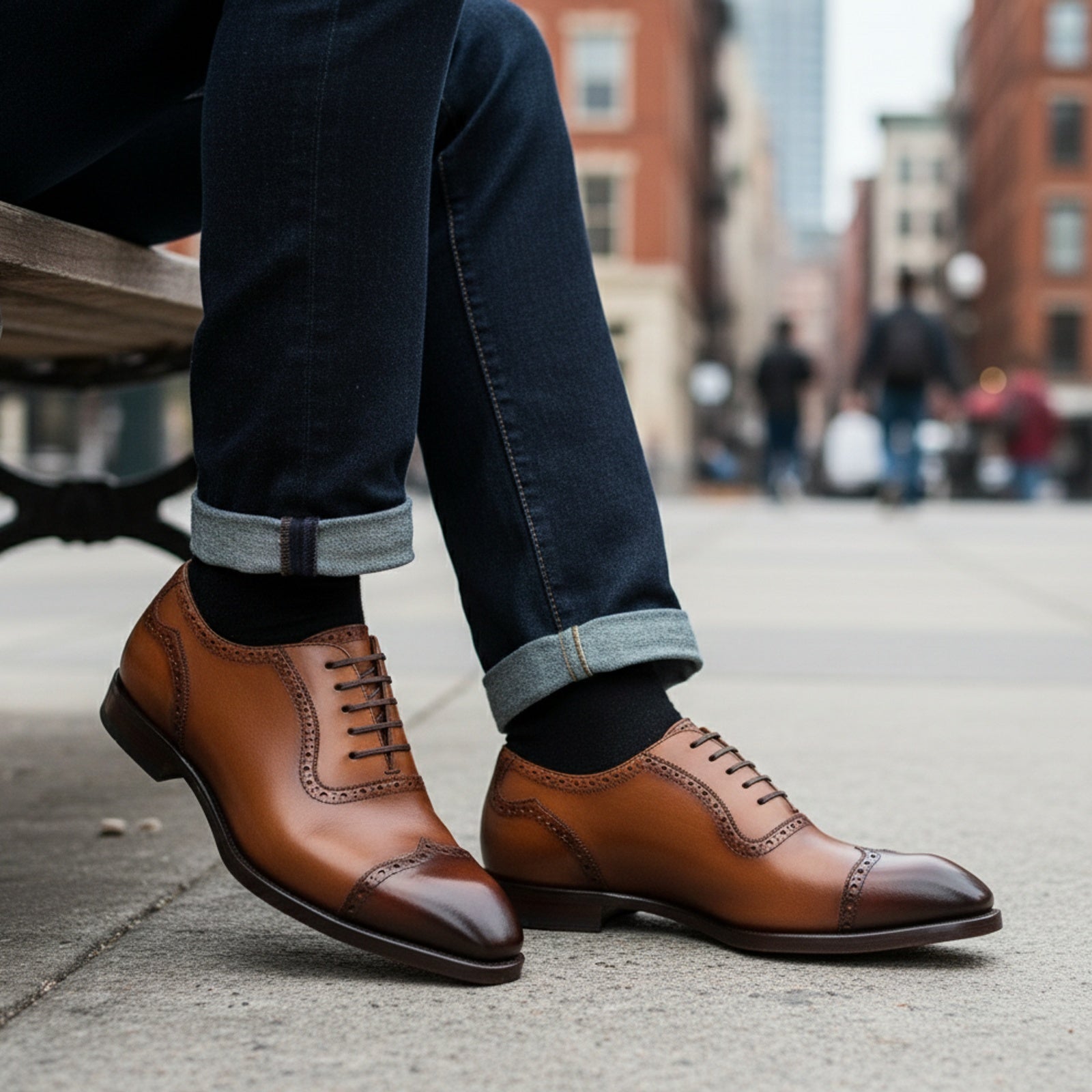 Men's Brown Leather Wingtip Brogue Dress Shoes - model-casual-setting