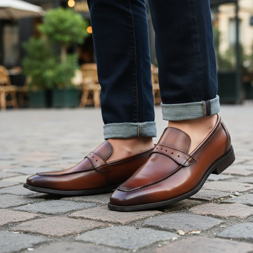 Men's Brown Leather Classic Loafer Shoes - model-casual-setting
