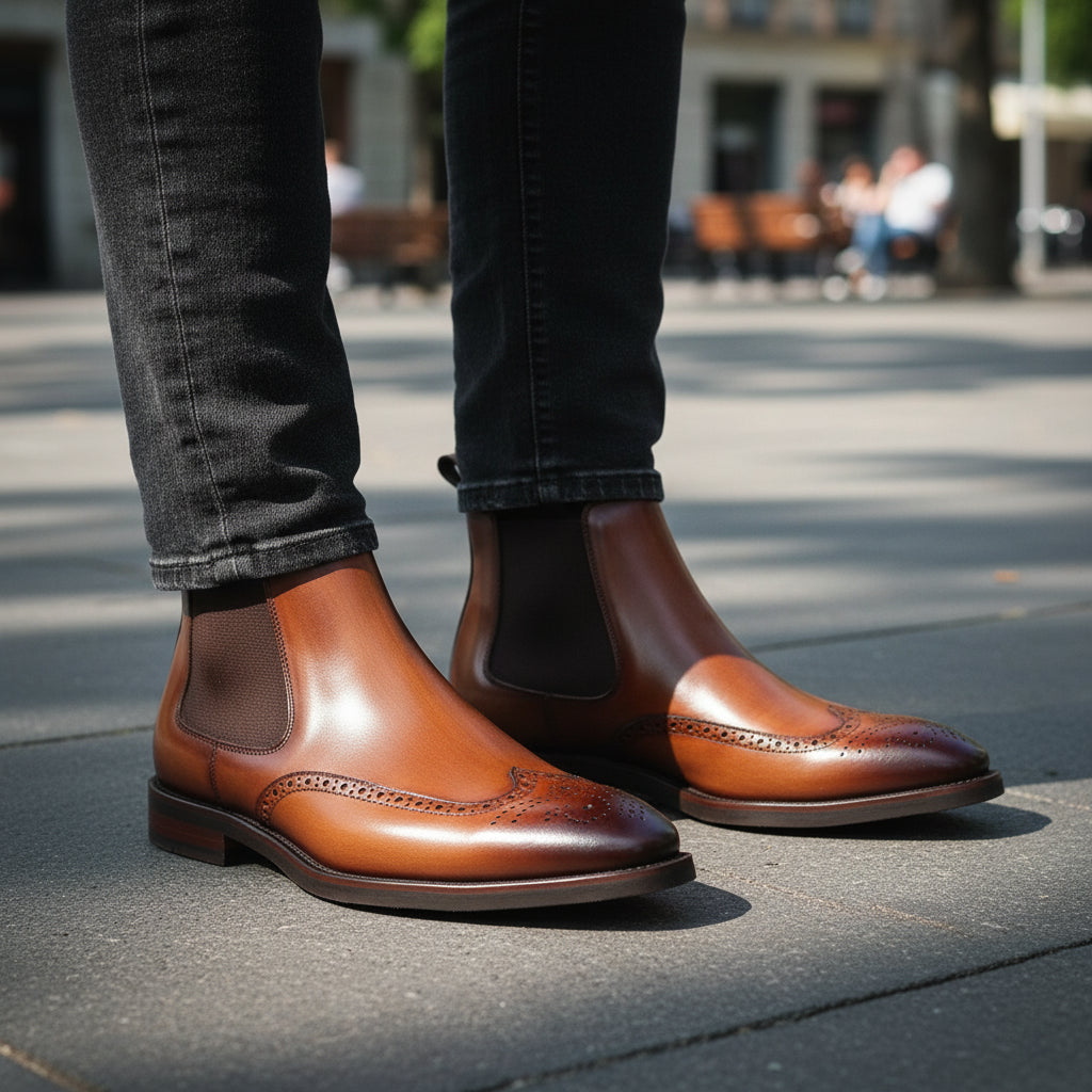 Men's Cow Leather Wingtip Dress Boots - model-casual-setting