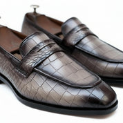 Men's Gray Crocodile Leather Moccasin Dress Shoes - model-casual-setting