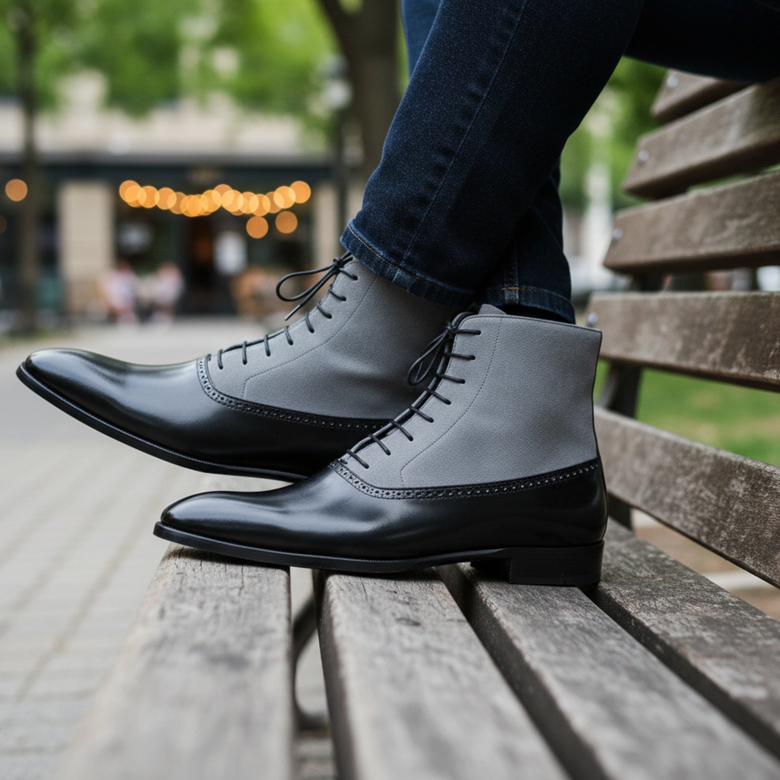 Handmade Mens Fashion Gray and Black Akle Boots, Men Suede Leather Boots - model-casual-setting