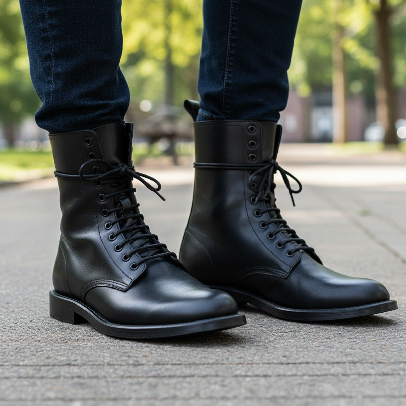 Men's Black Genuine Leather Lace-Up Combat Boots - model-casual-setting
