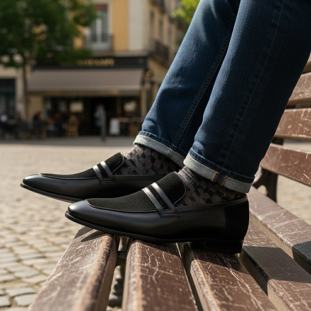 Handmade Mens Leather Shoes, Men Formal Slip on Leather Moccasin Dress Shoe - model-casual-setting