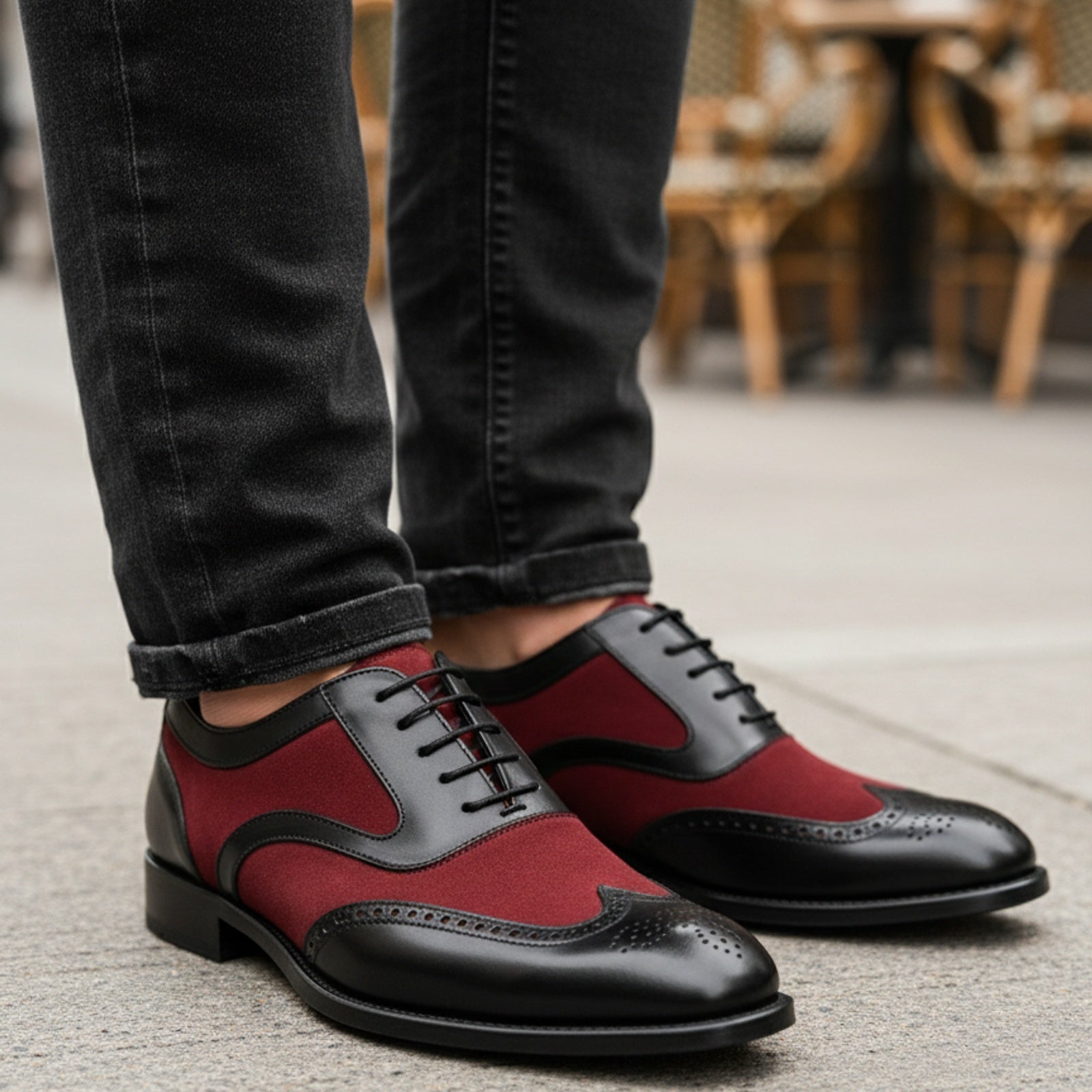 Handmade Mens Oxford Wing Tip Suede and Calf Leather Black and Red - model-casual-setting