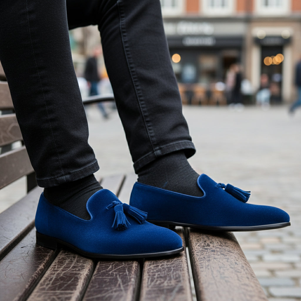 Handmade Mens Royal Blue Tassels Loafer Velvet Shoes, Men Blue Velvet Shoes - model-casual-setting