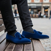 Handmade Mens Royal Blue Tassels Loafer Velvet Shoes, Men Blue Velvet Shoes - model-casual-setting