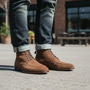 Men's Brown Suede Moc-Toe Lace-Up Boots - model-casual-setting