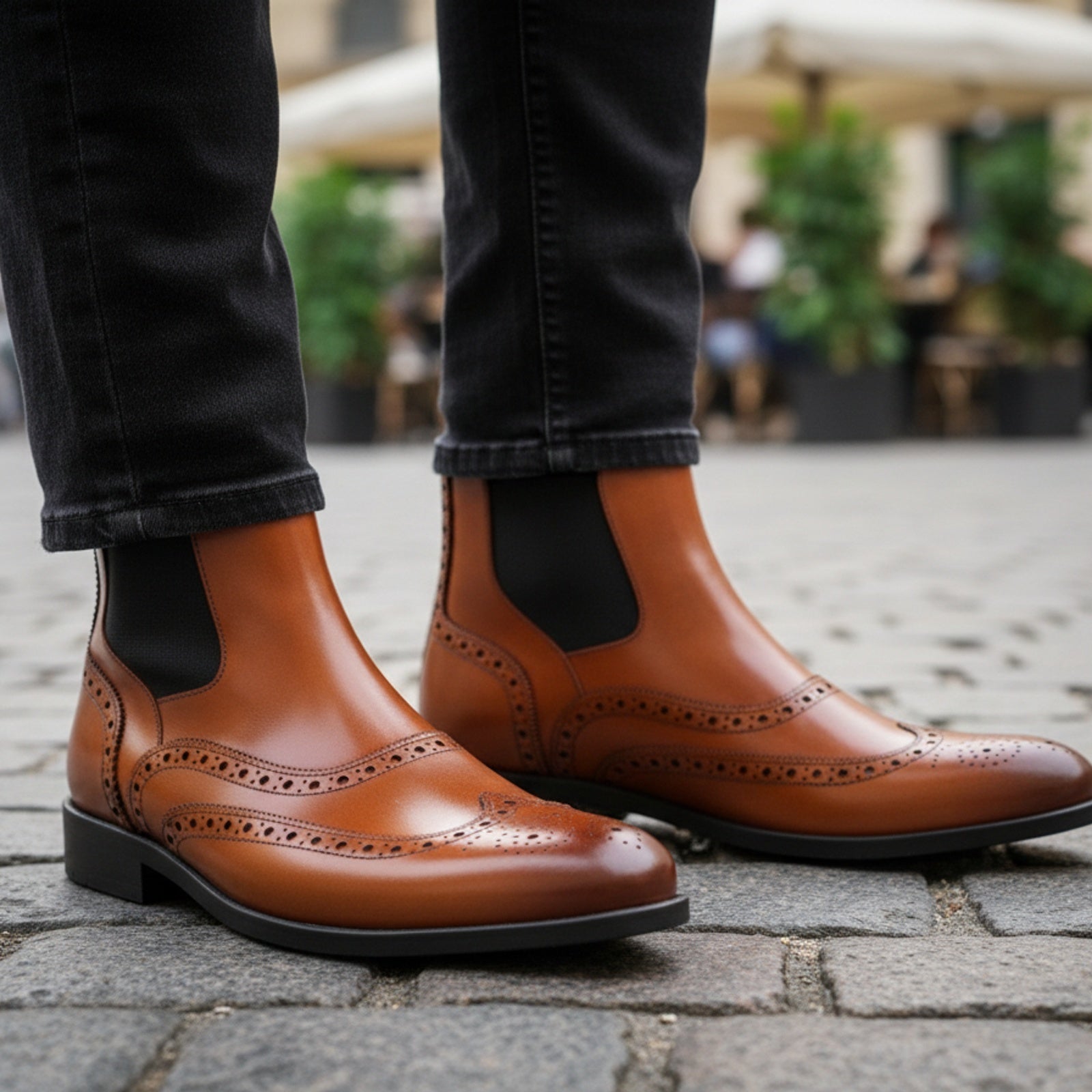 Men's Tan Leather Chelsea Boots - model-casual-setting