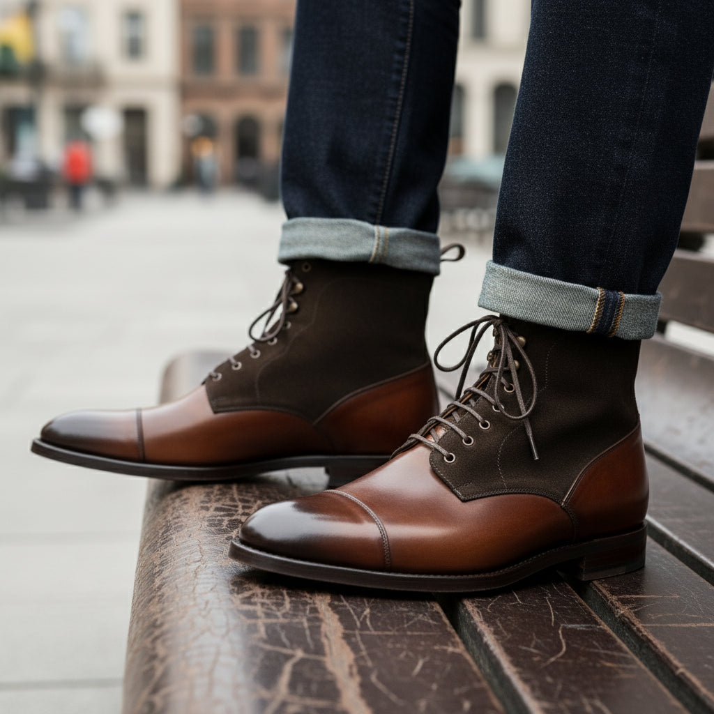 Men Brown Suede and Leather Lace Up Boots, Mens Fashion Leather Boots - model-casual-setting