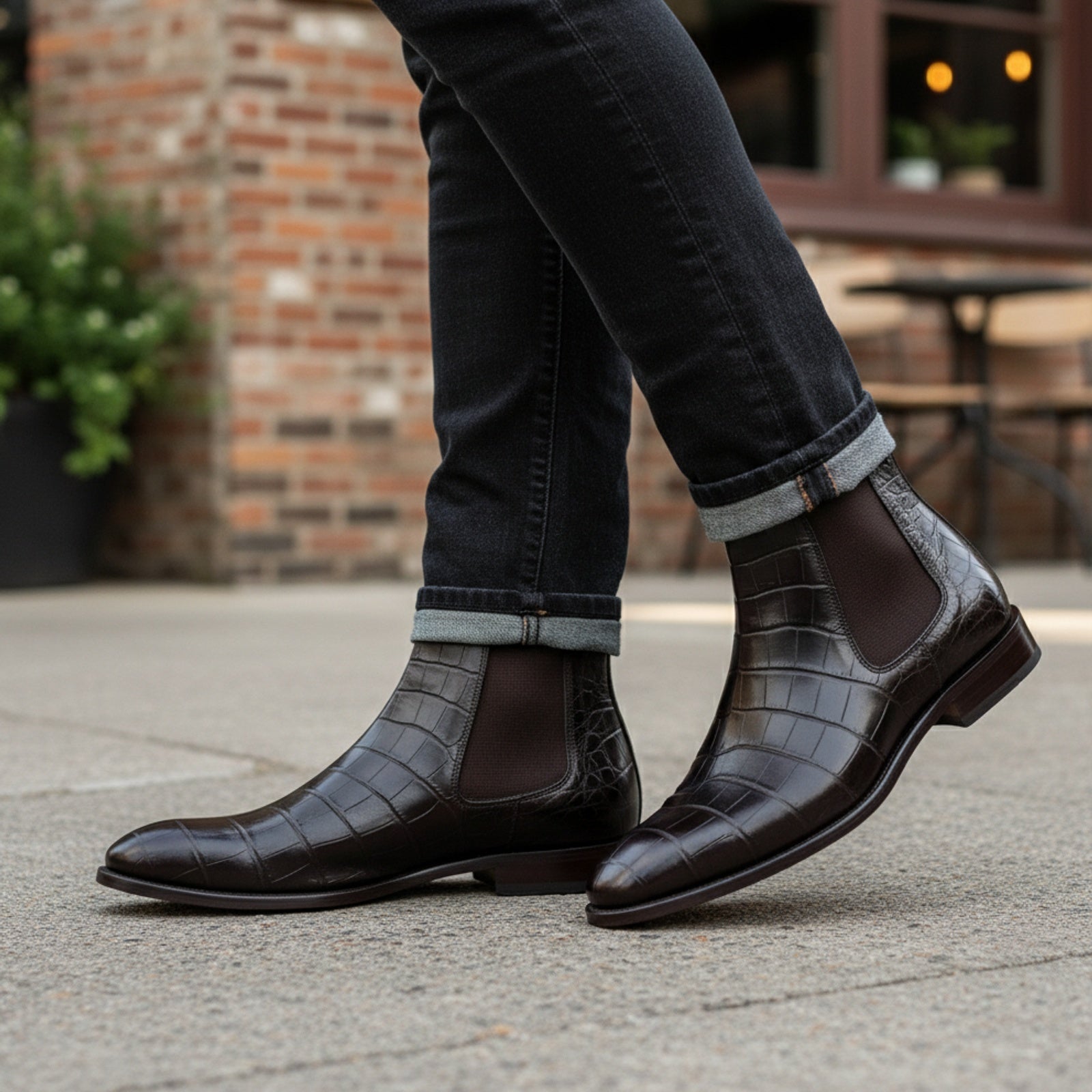 Men Crocodile Boots, Dark Brown Crocodile Texture Boots, Mens Boot - model-casual-setting
