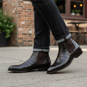 Men Crocodile Boots, Dark Brown Crocodile Texture Boots, Mens Boot - model-casual-setting