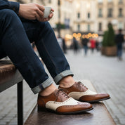 Men Spectator Shoes, Two Tone Shoes, Brown and White Formal Shoes, - model-casual-setting