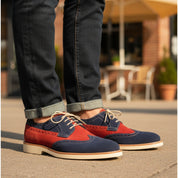 Men Two Tone Suede Leather Shoes, Derby Red and Navy Crepe Sole Shoes - model-casual-setting