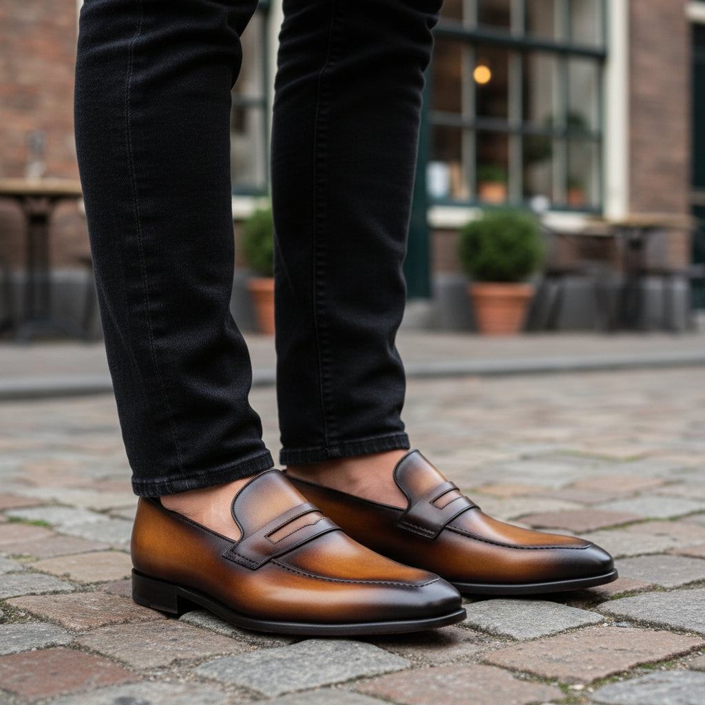 Men's Almond Toe Moccasin Dress Shoes in Tan and Black Leather - model-casual-setting