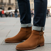 Men's Ankle High Suede Jodhpurs Boots in Tan Brown - model-casual-setting