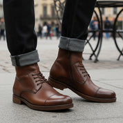 Men's Antique Brown Leather Ankle Boots with Side Zipper - model-casual-setting