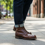 Men's Antique Brown Leather High Ankle Biker Boots - model-casual-setting