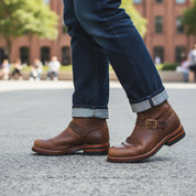 Men's Antique Brown Leather Motorcycle Boots - model-casual-setting